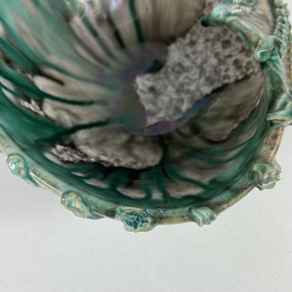 Vtg Italy Trinket Dish Catch All Seashell Jade Green Painted Speckled MCM Signed - Picture 9 of 11